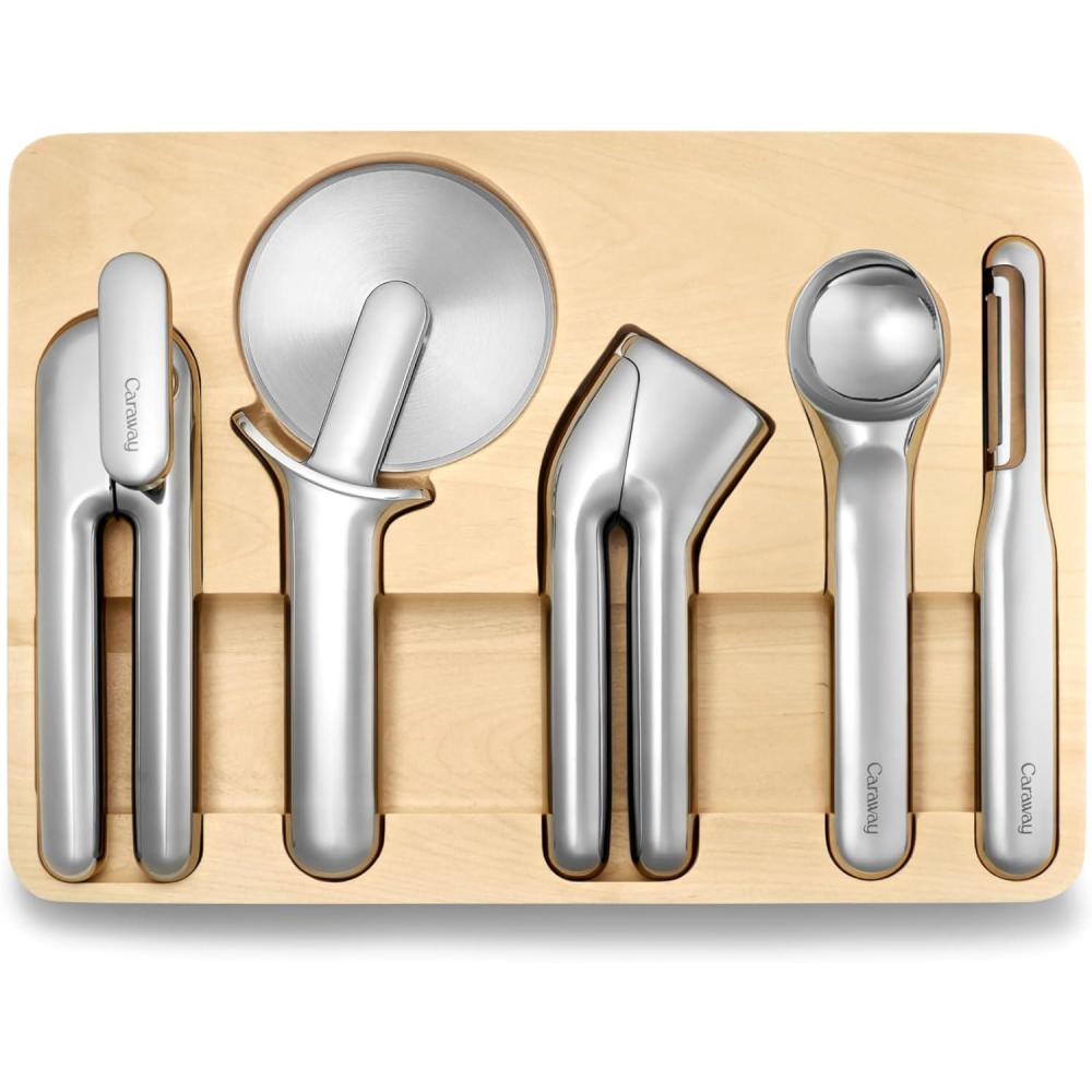 imageCaraway Kitchen Gadget Set 5 Piece Kitchen Essentials Stainless Steel Includes Can Opener Pizza Cutter Garlic Press Ice Cream Scoop Vegetable Peeler and Storage Organizer