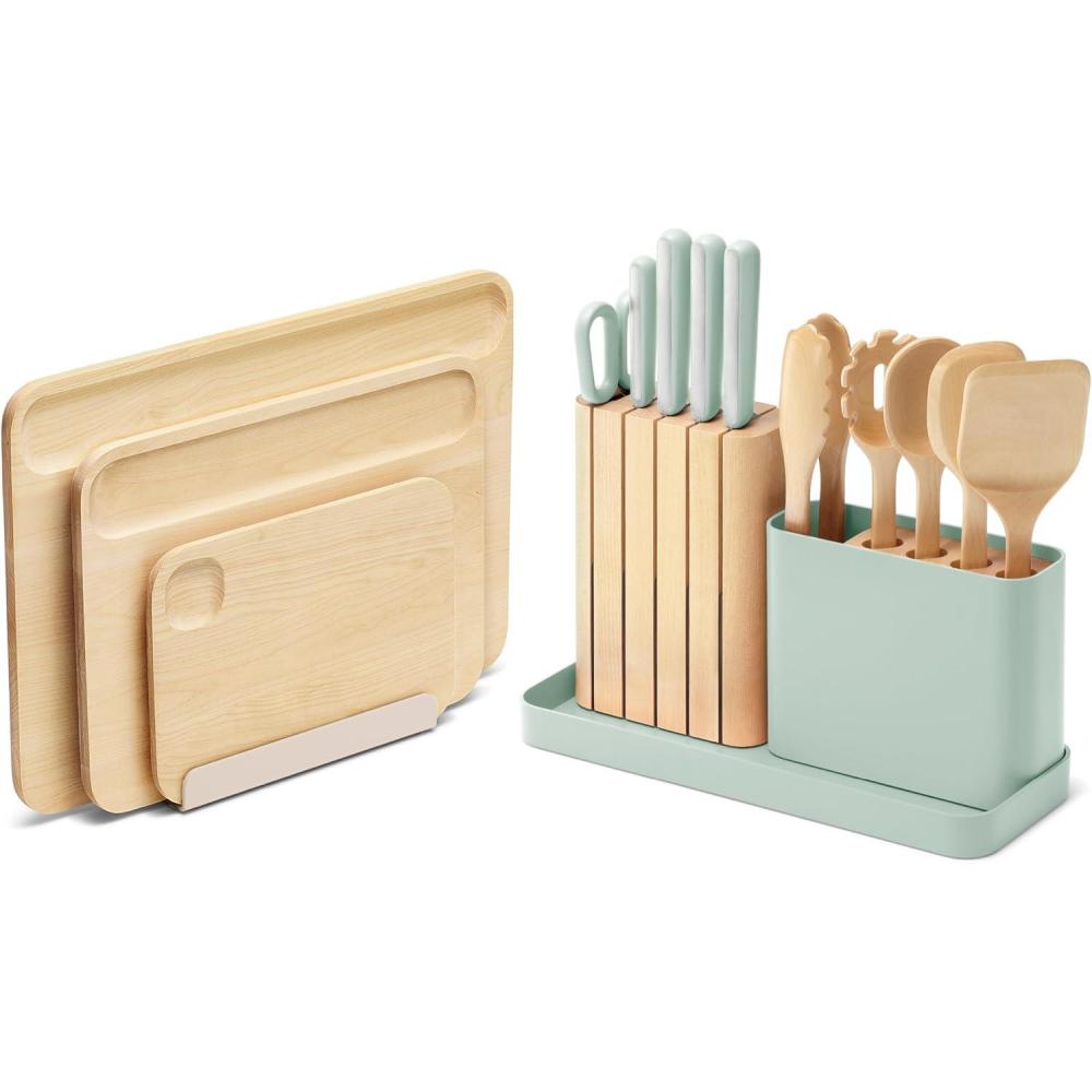 imageCaraway Kitchen Prep amp Cutting Board Set Kitchen Knife Set amp Wooden Utensil Set amp 3 Wood Cutting Boards NonToxic Materials Includes Organizers CreamMist