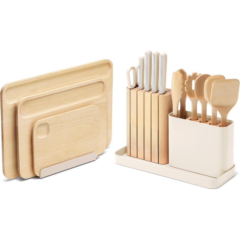 imageCaraway Kitchen Prep amp Cutting Board Set Kitchen Knife Set amp Wooden Utensil Set amp 3 Wood Cutting Boards NonToxic Materials Includes Organizers CreamCream