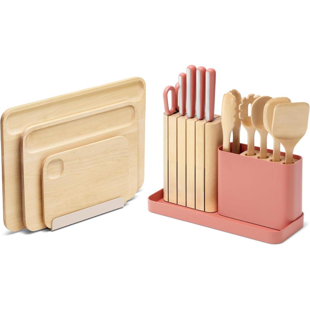 imageCaraway Kitchen Prep amp Cutting Board Set Kitchen Knife Set amp Wooden Utensil Set amp 3 Wood Cutting Boards NonToxic Materials Includes Organizers CreamPerracotta