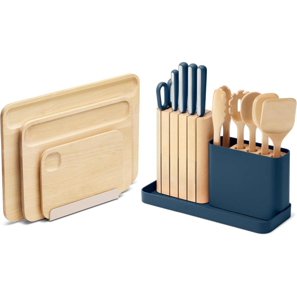 imageCaraway Kitchen Prep amp Cutting Board Set Kitchen Knife Set amp Wooden Utensil Set amp 3 Wood Cutting Boards NonToxic Materials Includes Organizers CreamNavy