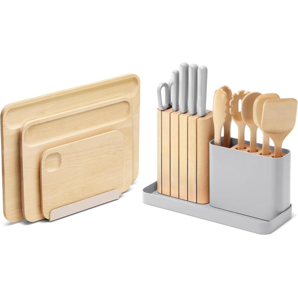 imageCaraway Kitchen Prep amp Cutting Board Set Kitchen Knife Set amp Wooden Utensil Set amp 3 Wood Cutting Boards NonToxic Materials Includes Organizers CreamGray