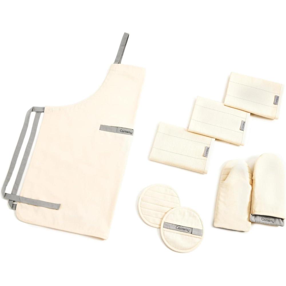 imageCaraway Linen Set Apron Pot Holders Oven Mitts amp Tea Towels 100 Organic Cotton Durable Machine WashableCream
