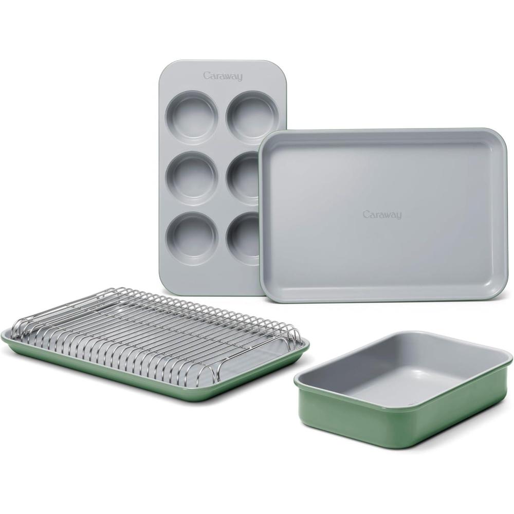 imageCaraway Mini Bakeware Set Naturally NonStick NonToxic Ceramic Coating Compact Baking Pans Set for Small Kitchens amp Ovens Includes Baking Sheets Muffin Pan Cooling Rack amp Storage CreamSage