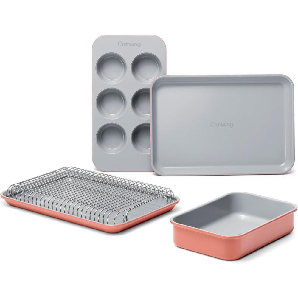 imageCaraway Mini Bakeware Set Naturally NonStick NonToxic Ceramic Coating Compact Baking Pans Set for Small Kitchens amp Ovens Includes Baking Sheets Muffin Pan Cooling Rack amp Storage CreamPerracotta
