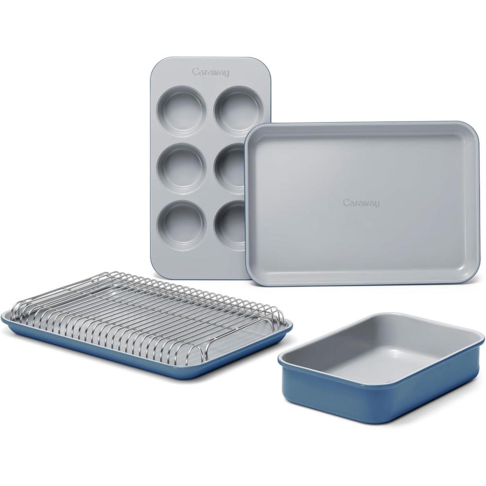imageCaraway Mini Bakeware Set Naturally NonStick NonToxic Ceramic Coating Compact Baking Pans Set for Small Kitchens amp Ovens Includes Baking Sheets Muffin Pan Cooling Rack amp Storage CreamSlate