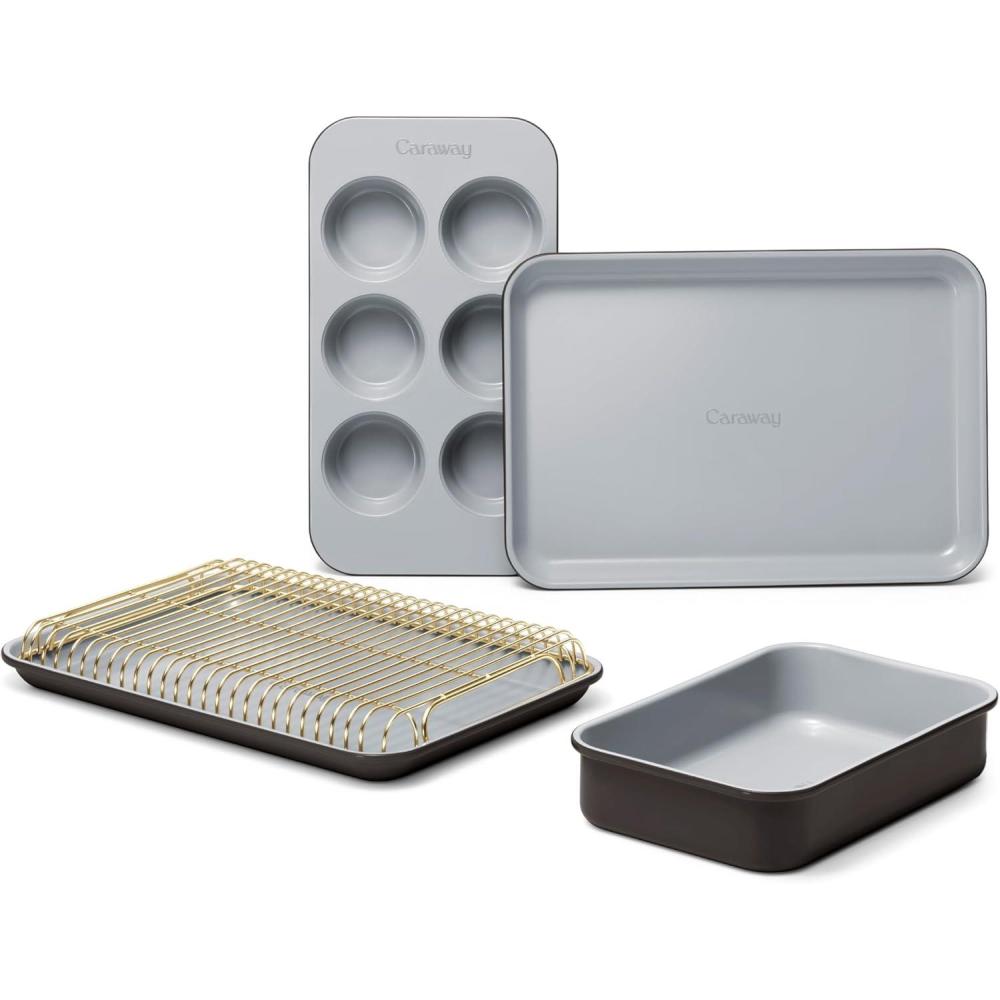 imageCaraway Mini Bakeware Set Naturally NonStick NonToxic Ceramic Coating Compact Baking Pans Set for Small Kitchens amp Ovens Includes Baking Sheets Muffin Pan Cooling Rack amp Storage CreamBlack