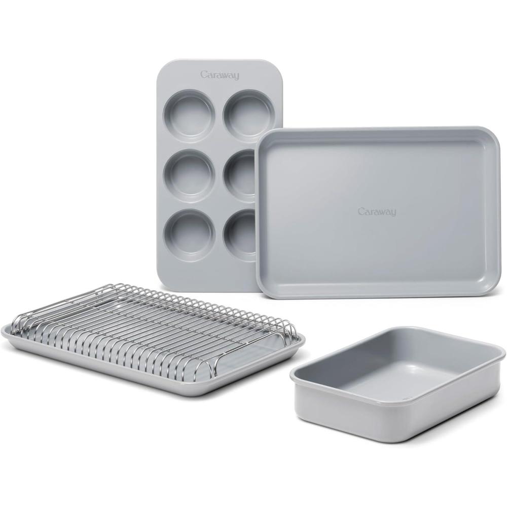 imageCaraway Mini Bakeware Set Naturally NonStick NonToxic Ceramic Coating Compact Baking Pans Set for Small Kitchens amp Ovens Includes Baking Sheets Muffin Pan Cooling Rack amp Storage CreamGray