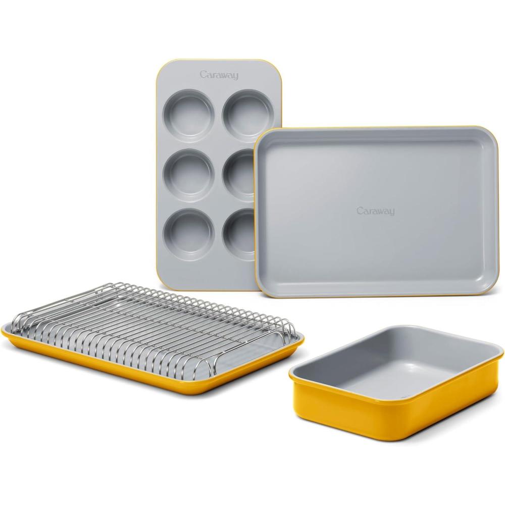 imageCaraway Mini Bakeware Set Naturally NonStick NonToxic Ceramic Coating Compact Baking Pans Set for Small Kitchens amp Ovens Includes Baking Sheets Muffin Pan Cooling Rack amp Storage CreamMarigold