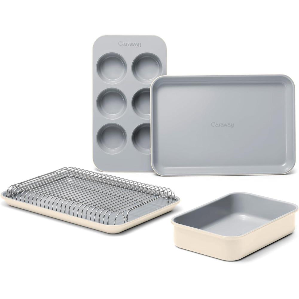 imageCaraway Mini Bakeware Set Naturally NonStick NonToxic Ceramic Coating Compact Baking Pans Set for Small Kitchens amp Ovens Includes Baking Sheets Muffin Pan Cooling Rack amp Storage CreamCream