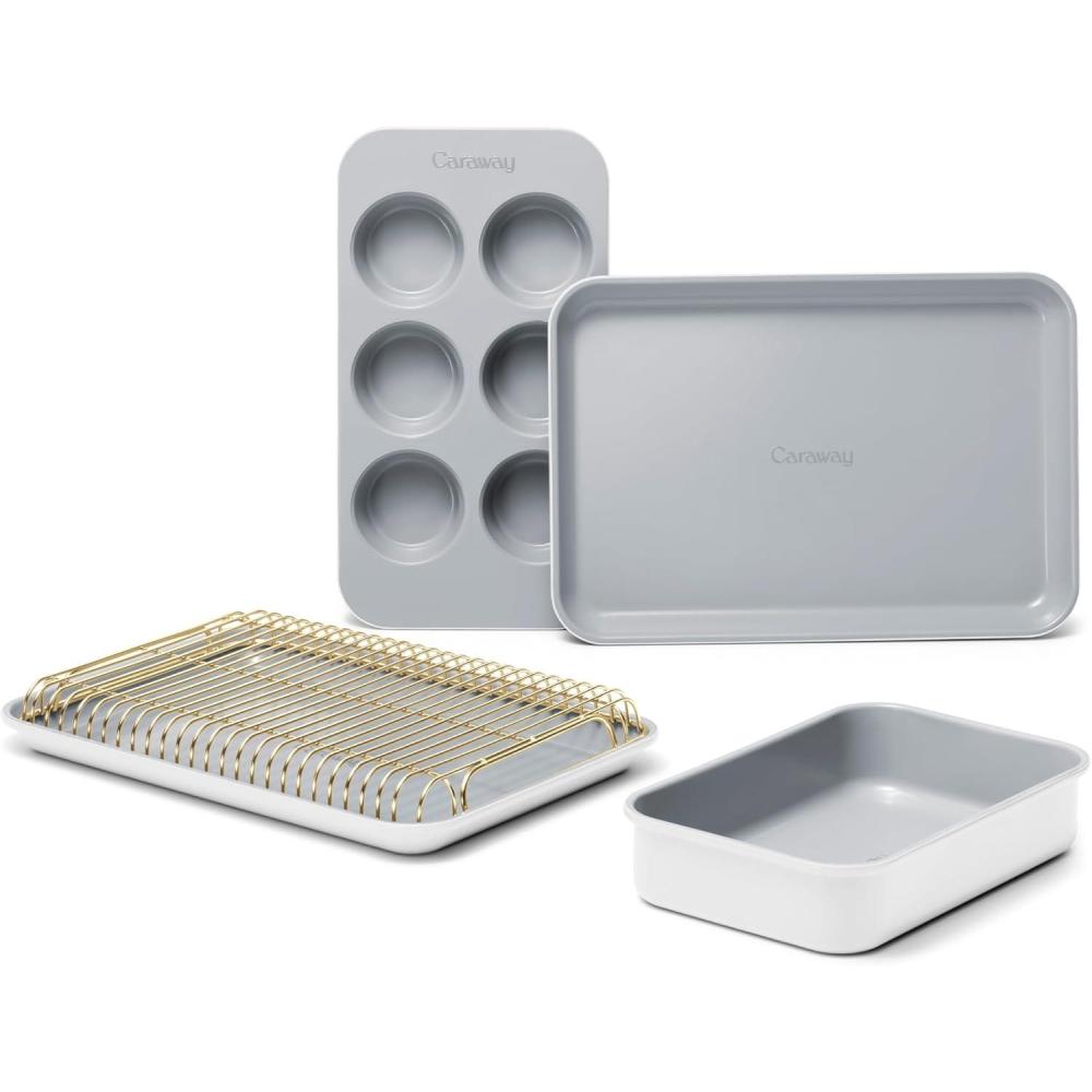 imageCaraway Mini Bakeware Set Naturally NonStick NonToxic Ceramic Coating Compact Baking Pans Set for Small Kitchens amp Ovens Includes Baking Sheets Muffin Pan Cooling Rack amp Storage CreamWhite