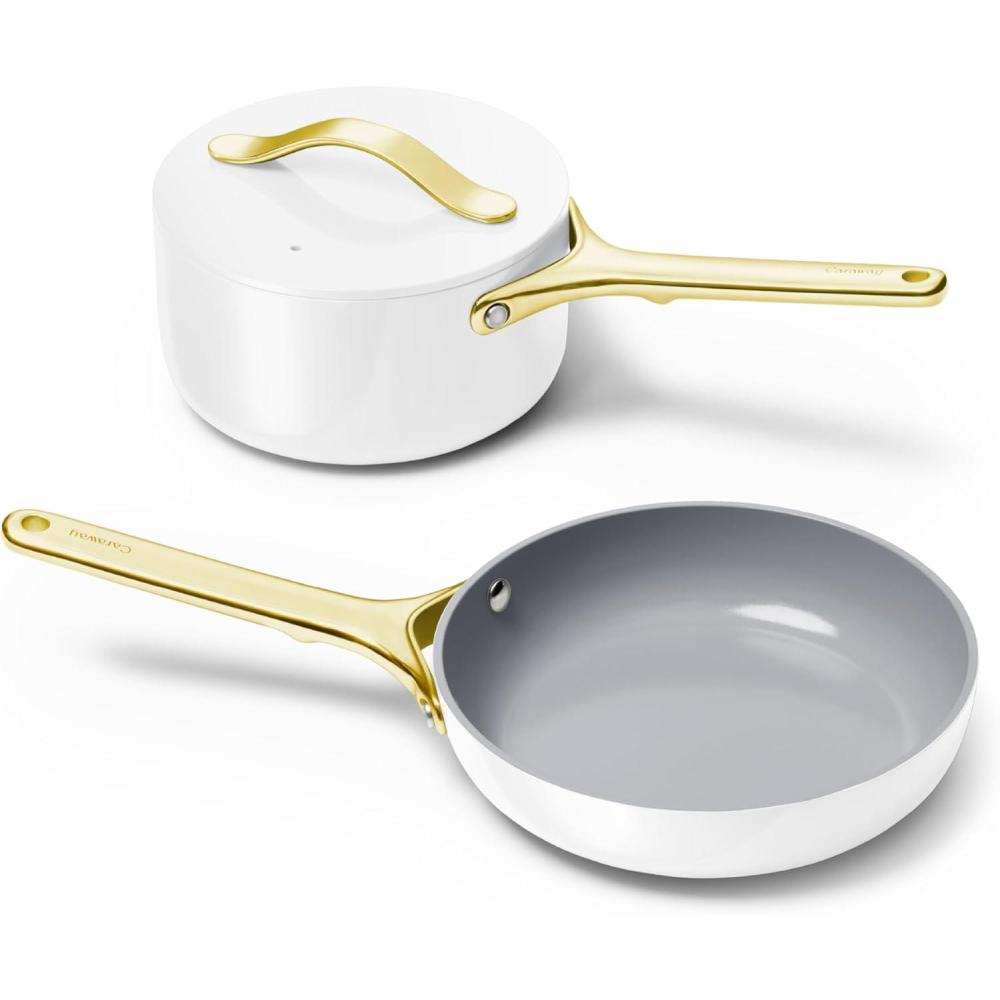imageCaraway Mini Cookware Set NonStick Ceramic Fry Pan 105 qt 8 Sauce Pan 175 qt amp Storage Rack Non Toxic PTFE amp PFOA Free Oven Safe amp Stovetop Agnostic Gas Electric amp Induction CreamWhite