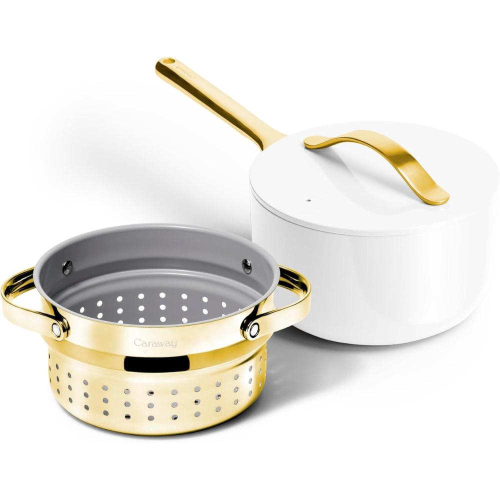 imageCaraway Nonstick 3 Qt Ceramic Sauce Pan with Lid amp Steamer Non Toxic PTFE amp PFOA Free Oven Safe amp Compatible with All Stovetops Gas Electric amp Induction WhiteWhite