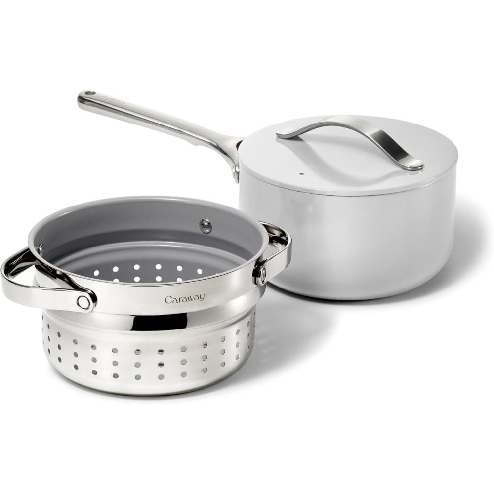 imageCaraway Nonstick 3 Qt Ceramic Sauce Pan with Lid amp Steamer Non Toxic PTFE amp PFOA Free Oven Safe amp Compatible with All Stovetops Gas Electric amp Induction WhiteSage