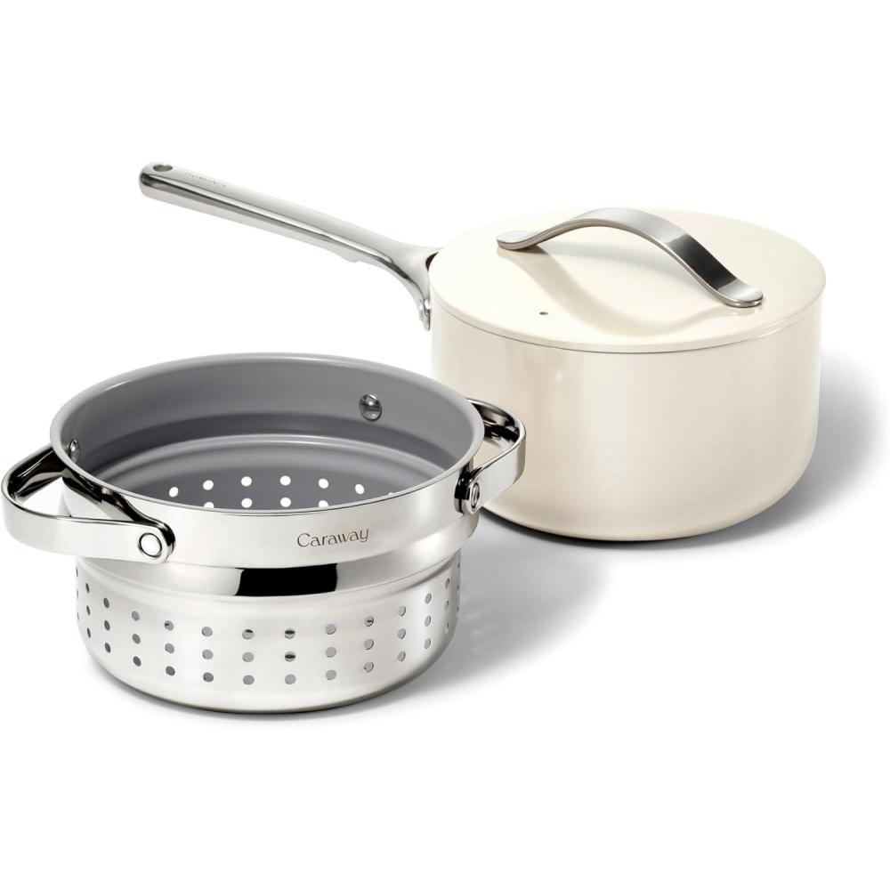 imageCaraway Nonstick 3 Qt Ceramic Sauce Pan with Lid amp Steamer Non Toxic PTFE amp PFOA Free Oven Safe amp Compatible with All Stovetops Gas Electric amp Induction WhiteCream