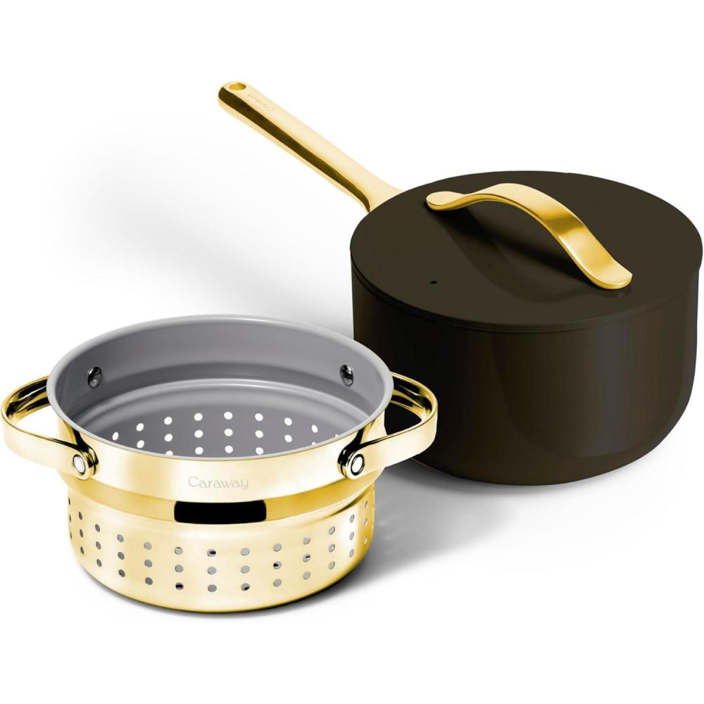 imageCaraway Nonstick 3 Qt Ceramic Sauce Pan with Lid amp Steamer Non Toxic PTFE amp PFOA Free Oven Safe amp Compatible with All Stovetops Gas Electric amp Induction WhiteBlack