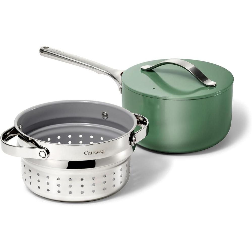 imageCaraway Nonstick 3 Qt Ceramic Sauce Pan with Lid amp Steamer Non Toxic PTFE amp PFOA Free Oven Safe amp Compatible with All Stovetops Gas Electric amp Induction WhiteGray