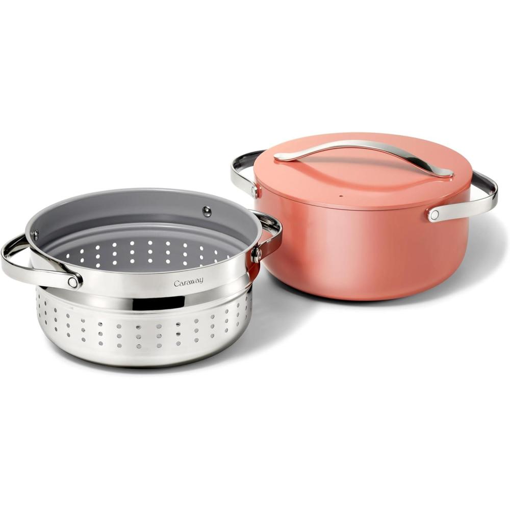 imageCaraway Nonstick Ceramic Dutch Oven Pot with Lid amp Steamer 65 qt 105 Non Toxic PTFE amp PFOA Free Oven Safe amp Compatible with All Stovetops Gas Electric amp Induction WhitePerracotta
