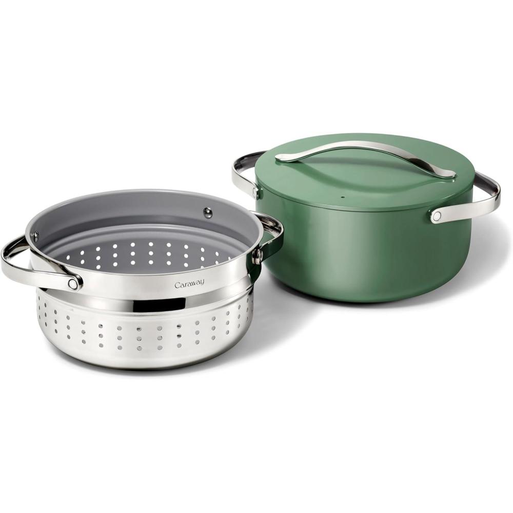 imageCaraway Nonstick Ceramic Dutch Oven Pot with Lid amp Steamer 65 qt 105 Non Toxic PTFE amp PFOA Free Oven Safe amp Compatible with All Stovetops Gas Electric amp Induction WhiteGray