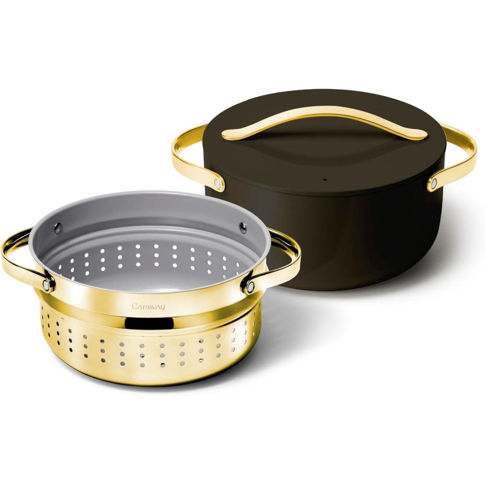 imageCaraway Nonstick Ceramic Dutch Oven Pot with Lid amp Steamer 65 qt 105 Non Toxic PTFE amp PFOA Free Oven Safe amp Compatible with All Stovetops Gas Electric amp Induction WhiteBlack