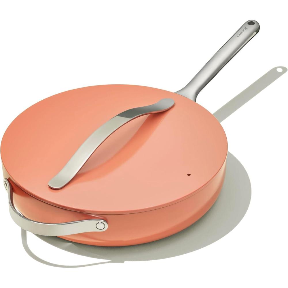 imageCaraway Nonstick Ceramic Saut Pan with Lid 45 qt 118 Non Toxic PTFE amp PFOA Free Oven Safe amp Compatible with All Stovetops Gas Electric amp Induction CreamPerracotta