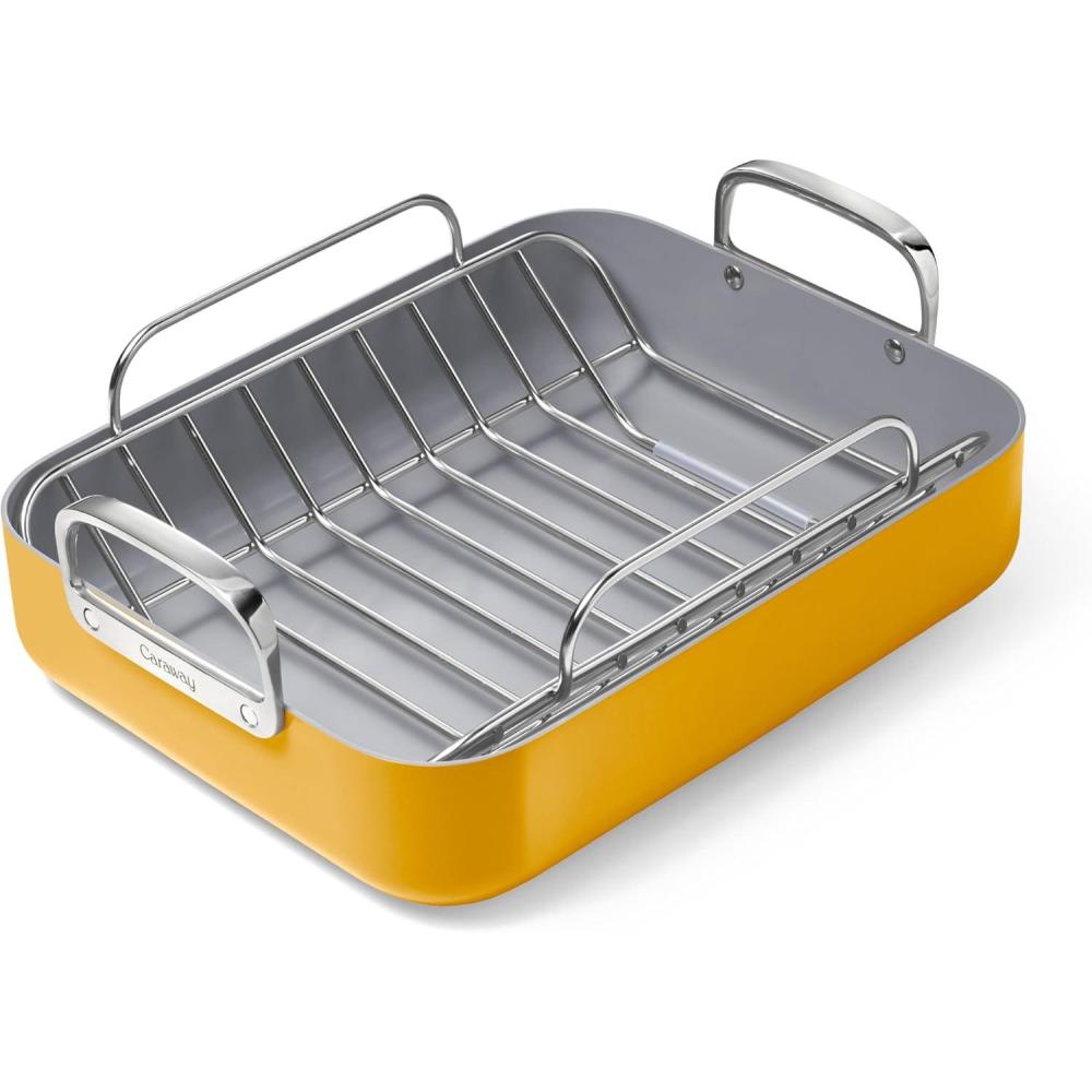 imageCaraway Roasting Pan  16x13 Roasting Pan with Rack  NonStick Ceramic Coated  Non Toxic PTFE amp PFOA Free  Oven Safe amp Compatible with All Stovetops  CreamMarigold
