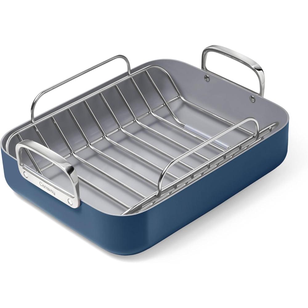 imageCaraway Roasting Pan  16x13 Roasting Pan with Rack  NonStick Ceramic Coated  Non Toxic PTFE amp PFOA Free  Oven Safe amp Compatible with All Stovetops  CreamNavy
