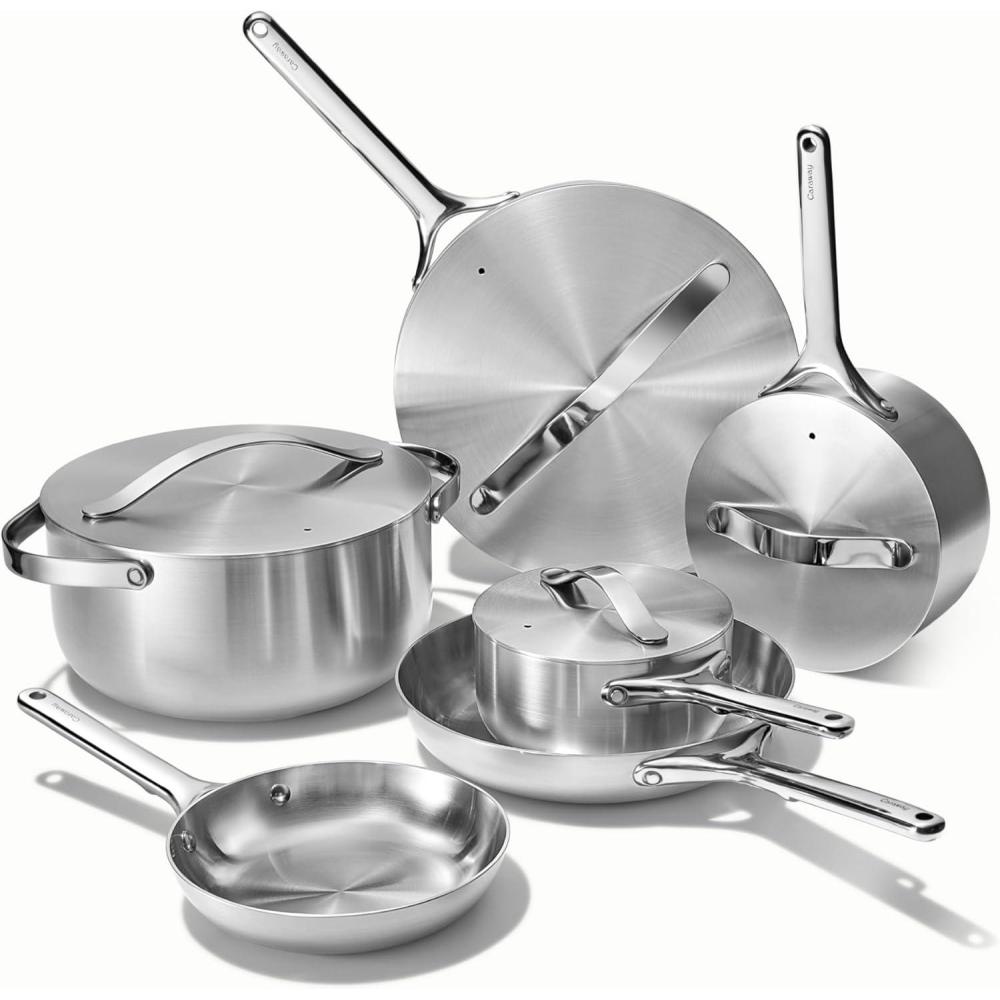 imageCaraway Stainless Steel Cookware Set 12 Piece 5Ply Stainless Steel Pots and Pans Set Includes Fry Sauce Saut Pan Dutch Oven and SpaceSaving Storage Non Toxic PTFE amp PFOA Free16pc Deluxe Cookware Set