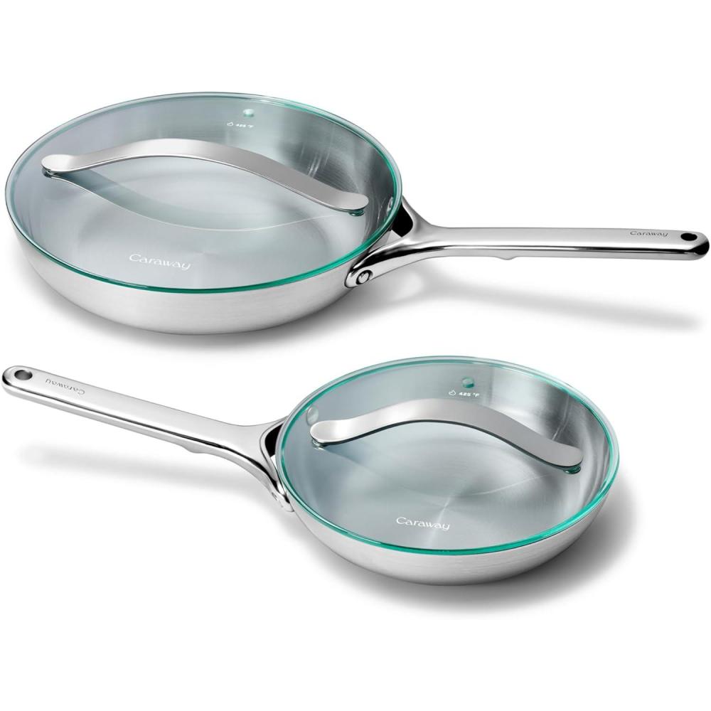 imageCaraway Stainless Steel Fry Pan Duo with Glass Lids 5Ply Frying Pans 8 amp 105 NonToxic PTFE amp PFOA Free Oven Safe amp Stovetop Agnostic