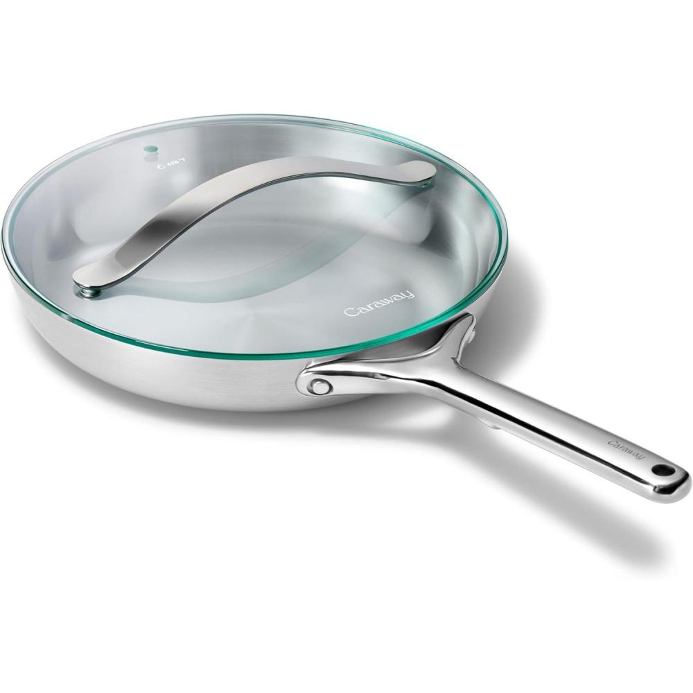 imageCaraway Stainless Steel Fry Pan With Glass Lid 105 IN 5Ply Stainless Steel Pan Oven Safe amp Stovetop Agnostic Non Toxic PTFE amp PFOA Free