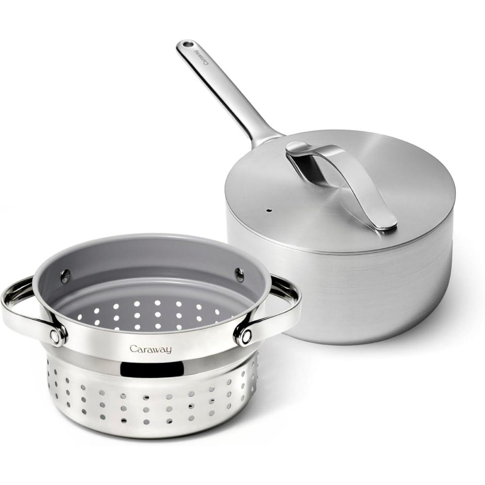 imageCaraway Stainless Steel Sauce Pan 3 Qt amp Steamer 5Ply Stainless Steel Oven Safe amp Stovetop Agnostic Non Toxic PTFE amp PFOA Free