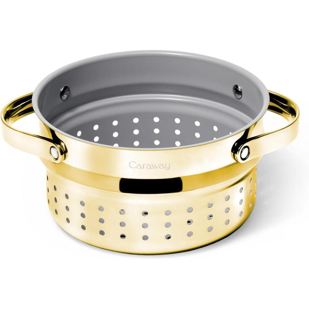 imageCaraway Steamer Stainless Steel Steamer with Handles Non Stick Non Toxic Coating Steam Veggies Seafood and More Compatible With Our Dutch Oven or Sauce Pan Small 3qt GoldGold