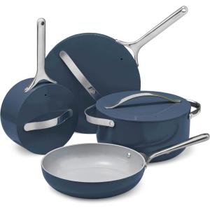 Caraway Deluxe Non-stick Ceramic Cookware Set (16 Piece) Pots, Frying Pans, Lids and Kitchen Storage – PFAS & PFOA Free – Oven Safe Pan Set & Compatible with All Stovetops – Cream(Navy)