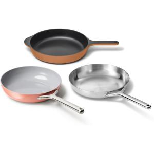 Caraway Fry Pan Sampler Bundle – 10.5″ Non-Stick Ceramic Frying Pan, 10.5″ Stainless Steel Fry Pan, 10.5″ Enameled Cast Iron Skillet – Non Toxic, Oven Safe – Cream(Perracotta/Rust)
