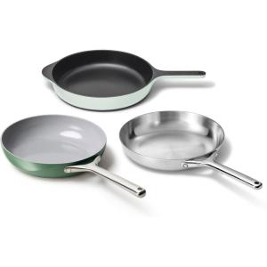 Caraway Fry Pan Sampler Bundle – 10.5″ Non-Stick Ceramic Frying Pan, 10.5″ Stainless Steel Fry Pan, 10.5″ Enameled Cast Iron Skillet – Non Toxic, Oven Safe – Cream(Sage/Mist)