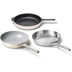 Caraway Fry Pan Sampler Bundle – 10.5″ Non-Stick Ceramic Frying Pan, 10.5″ Stainless Steel Fry Pan, 10.5″ Enameled Cast Iron Skillet – Non Toxic, Oven Safe – Cream(Cream)