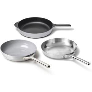 Caraway Fry Pan Sampler Bundle – 10.5″ Non-Stick Ceramic Frying Pan, 10.5″ Stainless Steel Fry Pan, 10.5″ Enameled Cast Iron Skillet – Non Toxic, Oven Safe – Cream(Gray)