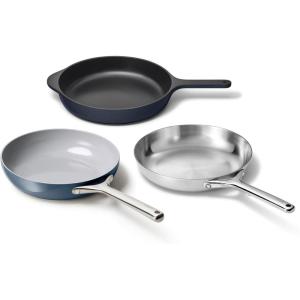 Caraway Fry Pan Sampler Bundle – 10.5″ Non-Stick Ceramic Frying Pan, 10.5″ Stainless Steel Fry Pan, 10.5″ Enameled Cast Iron Skillet – Non Toxic, Oven Safe – Cream(Navy)