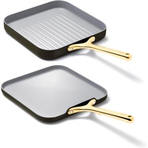 Caraway Griddle Pan & Grill Pan Duo – Non-Stick Ceramic Coated – Non Toxic, PTFE & PFOA Free – Oven Safe & Compatible with All Stovetops – Cream(Black)