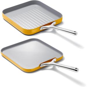 Caraway Griddle Pan & Grill Pan Duo – Non-Stick Ceramic Coated – Non Toxic, PTFE & PFOA Free – Oven Safe & Compatible with All Stovetops – Cream(Marigold)