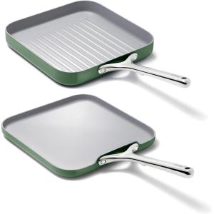 Caraway Griddle Pan & Grill Pan Duo – Non-Stick Ceramic Coated – Non Toxic, PTFE & PFOA Free – Oven Safe & Compatible with All Stovetops – Cream(Sage)