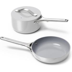 Caraway Mini Cookware Set – Non-Stick Ceramic Fry Pan (1.05 qt, 8″) Sauce Pan (1.75 qt) & Storage Rack – Non Toxic, PTFE & PFOA Free – Oven Safe & Stovetop Agnostic (Gas, Electric & Induction) – Cream(Gray)