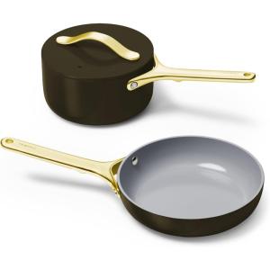 Caraway Mini Cookware Set – Non-Stick Ceramic Fry Pan (1.05 qt, 8″) Sauce Pan (1.75 qt) & Storage Rack – Non Toxic, PTFE & PFOA Free – Oven Safe & Stovetop Agnostic (Gas, Electric & Induction) – Cream(Black)