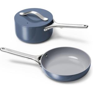 Caraway Mini Cookware Set – Non-Stick Ceramic Fry Pan (1.05 qt, 8″) Sauce Pan (1.75 qt) & Storage Rack – Non Toxic, PTFE & PFOA Free – Oven Safe & Stovetop Agnostic (Gas, Electric & Induction) – Cream(Navy)