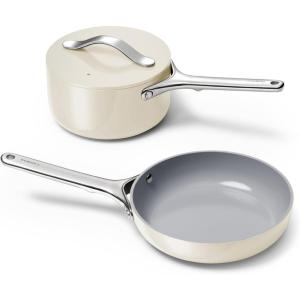 Caraway Mini Cookware Set – Non-Stick Ceramic Fry Pan (1.05 qt, 8″) Sauce Pan (1.75 qt) & Storage Rack – Non Toxic, PTFE & PFOA Free – Oven Safe & Stovetop Agnostic (Gas, Electric & Induction) – Cream(Cream)