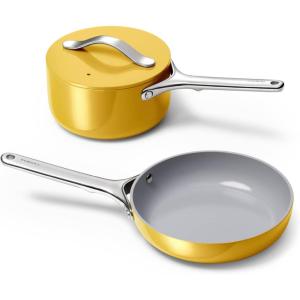 Caraway Mini Cookware Set – Non-Stick Ceramic Fry Pan (1.05 qt, 8″) Sauce Pan (1.75 qt) & Storage Rack – Non Toxic, PTFE & PFOA Free – Oven Safe & Stovetop Agnostic (Gas, Electric & Induction) – Cream(Marigold)