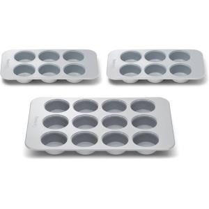 Caraway Nonstick Ceramic Muffin Pan Set – 2x 6 Cup & 1x 12 Cup – Non-Toxic, PTFE & PFOA Free – Aluminized Steel Core – For Baking Cupcakes, Muffins & More – Cream(Gray)