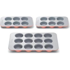 Caraway Nonstick Ceramic Muffin Pan Set – 2x 6 Cup & 1x 12 Cup – Non-Toxic, PTFE & PFOA Free – Aluminized Steel Core – For Baking Cupcakes, Muffins & More – Cream(Perracotta)