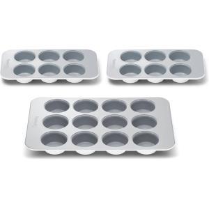 Caraway Nonstick Ceramic Muffin Pan Set – 2x 6 Cup & 1x 12 Cup – Non-Toxic, PTFE & PFOA Free – Aluminized Steel Core – For Baking Cupcakes, Muffins & More – Cream(White)