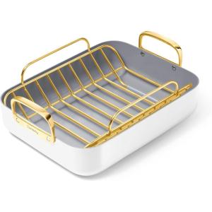 Caraway Roasting Pan – 16×13” Roasting Pan with Rack – Non-Stick Ceramic Coated – Non Toxic, PTFE & PFOA Free – Oven Safe & Compatible with All Stovetops – Cream(White)